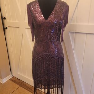 Fringed Sequin V-Neck Wedding Guest Dress in Plum
